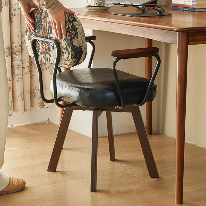 Contemporary Retro PU Leather Metal Sunflower Floral Swivel Desk Chair Backrest Armrest For Study