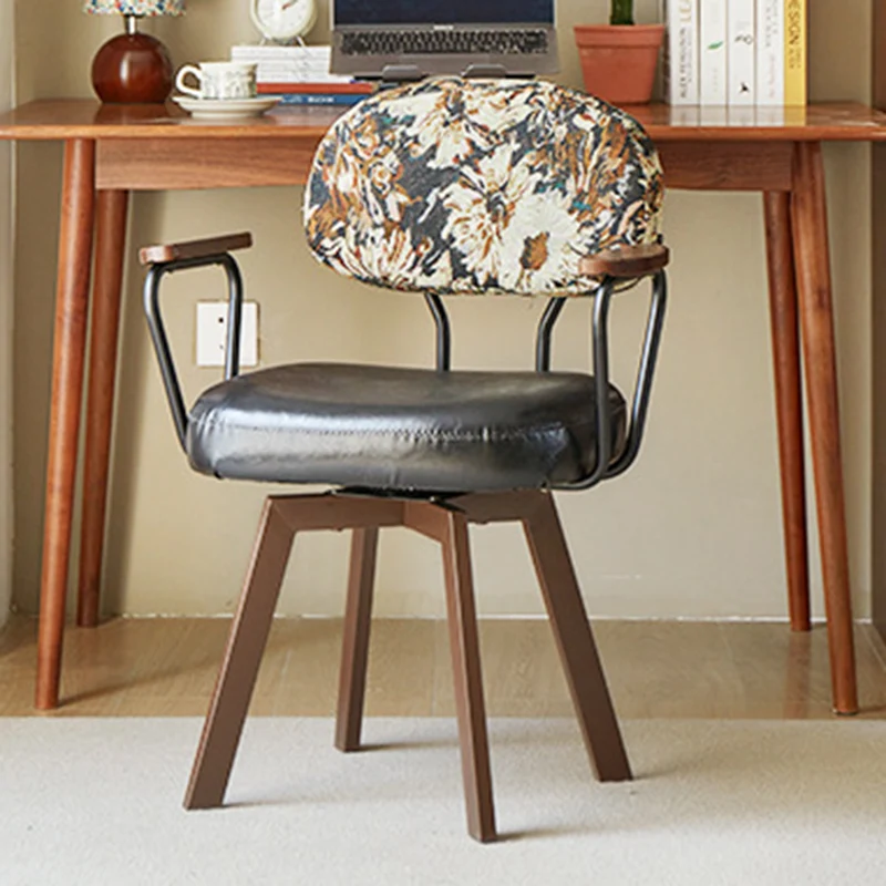 Contemporary Retro PU Leather Metal Sunflower Floral Swivel Desk Chair Backrest Armrest For Study