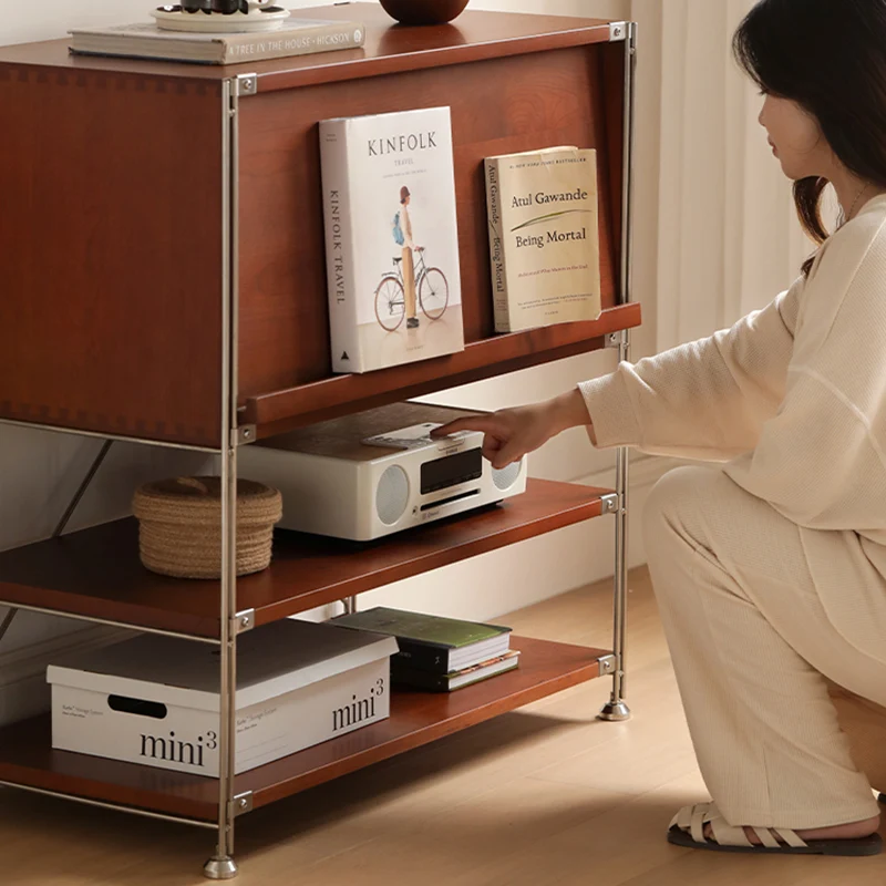 Modern Mid-Century Wooden And Stainless Steel Rectangular Side Table 1-Cabinet For Living Room