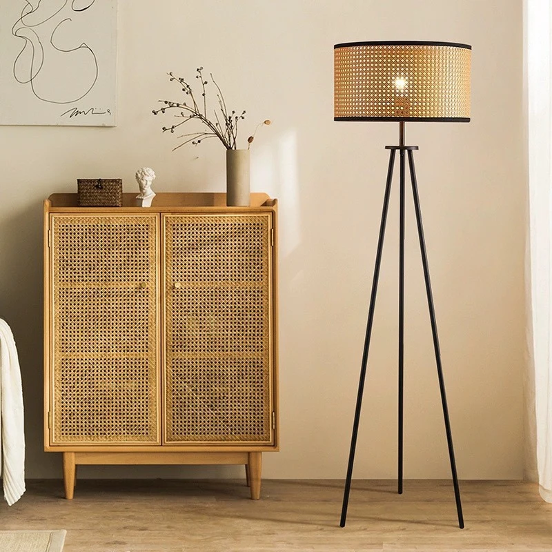 Modern Minimalist Rattan Iron Cylindrical Shade 1-Light Standing Floor Lamp For Bedroom And Living Room