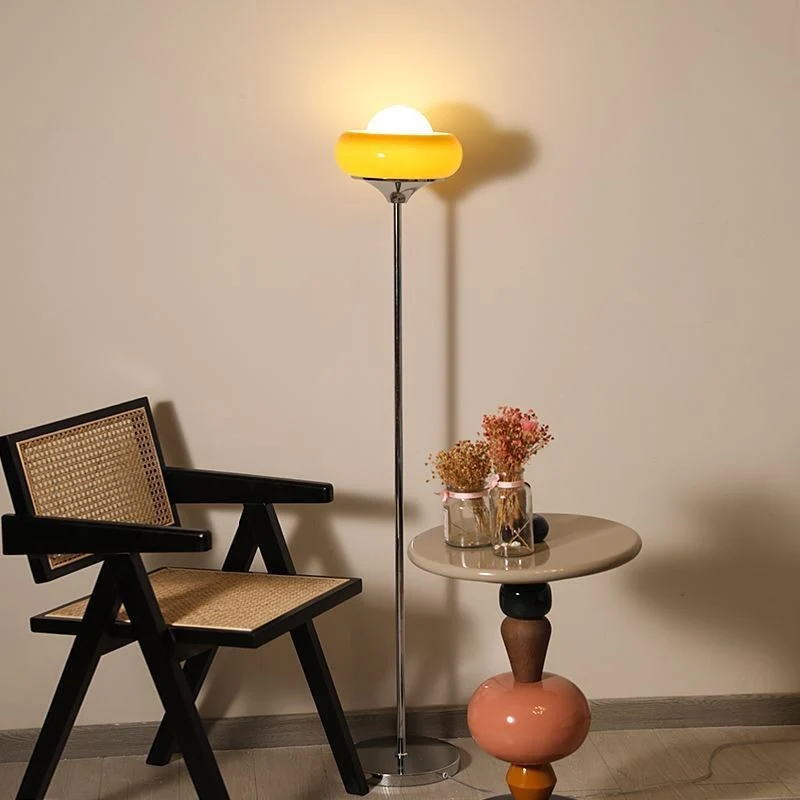 Contemporary Creative Metal & Glass Egg Tart-Shape 1-Light Standing Floor Lamp For Bedroom & Living Room