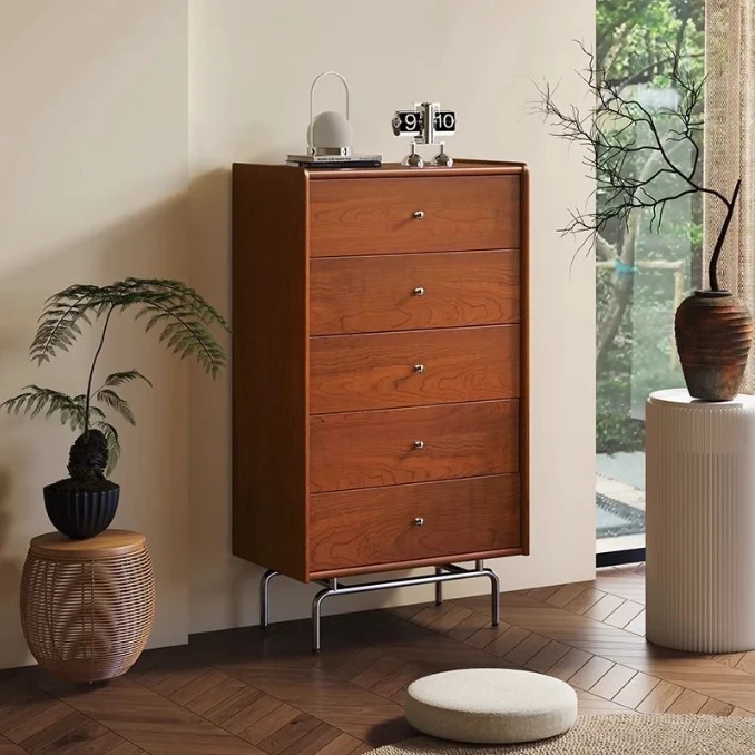Contemporary Scandinavian Wood Metal Curved Rectangular Side Table 5-Drawers For Bedroom & Living Room