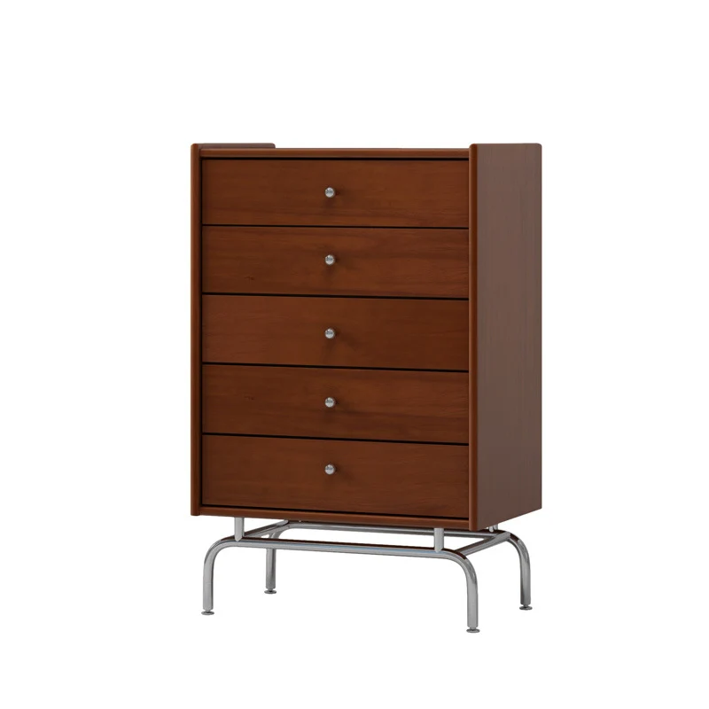 Contemporary Scandinavian Wood Metal Curved Rectangular Side Table 5-Drawers For Bedroom & Living Room