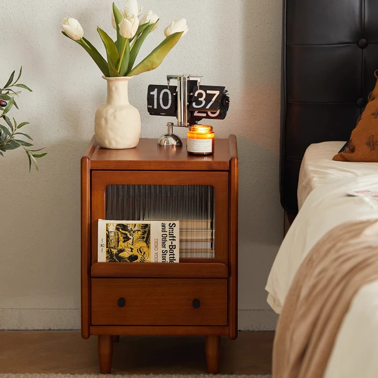 Traditional Vintage Pine Glass Rounded Trapezoid Nightstand 2-Drawer For Bedroom