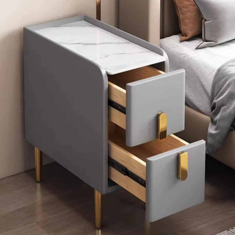 Contemporary Nordic Slab Faux Leather Pine Wood And Carbon Steel Narrow Rectangular Nightstand With 2 Drawers For Bedroom