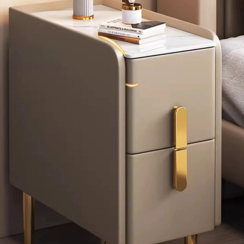 Contemporary Nordic Slab Faux Leather Pine Wood And Carbon Steel Narrow Rectangular Nightstand With 2 Drawers For Bedroom
