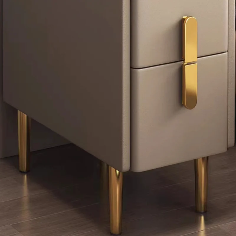 Contemporary Nordic Slab Faux Leather Pine Wood And Carbon Steel Narrow Rectangular Nightstand With 2 Drawers For Bedroom