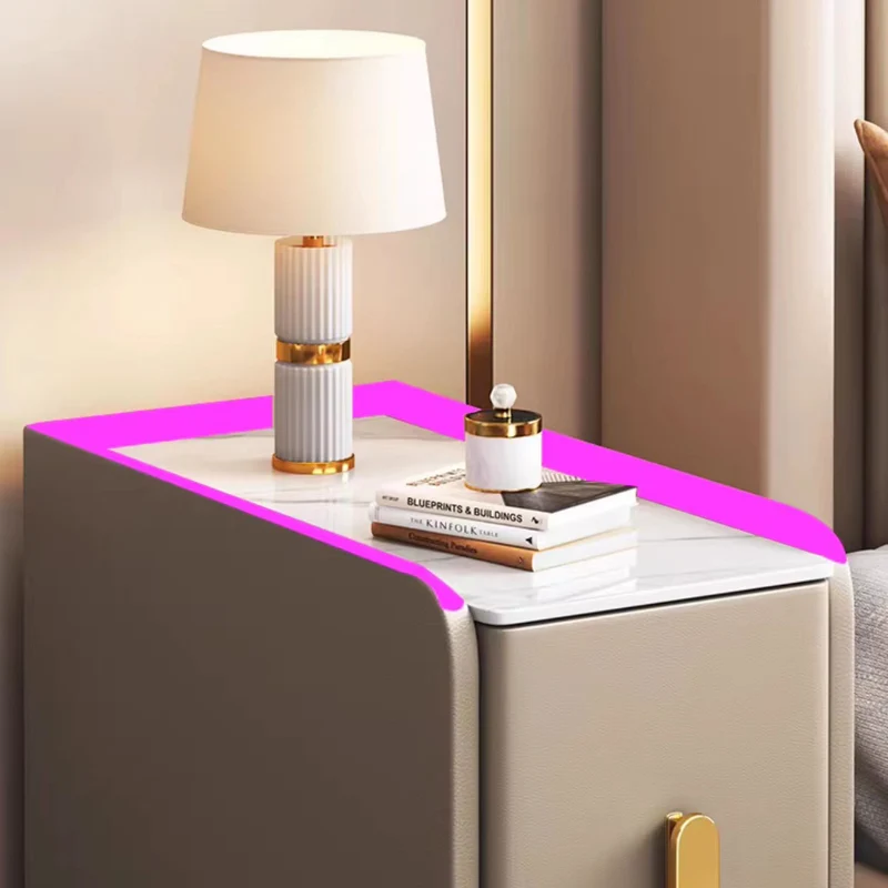 Contemporary Nordic Slab Faux Leather Pine Wood And Carbon Steel Narrow Rectangular Nightstand With 2 Drawers For Bedroom