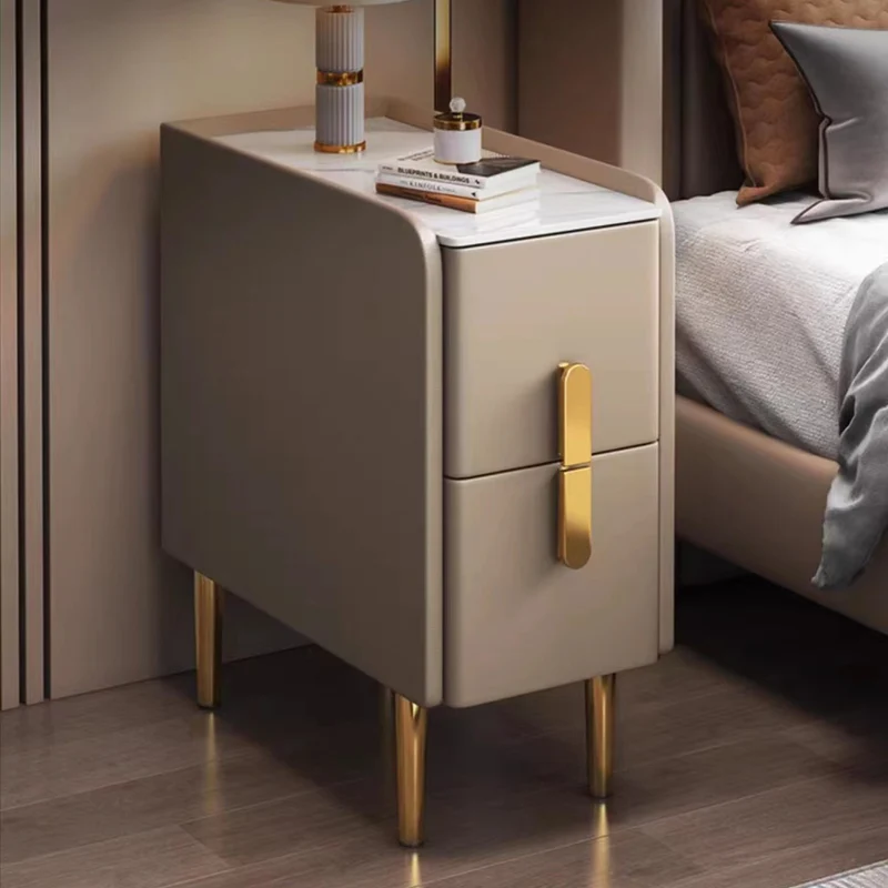 Contemporary Nordic Slab Faux Leather Pine Wood And Carbon Steel Narrow Rectangular Nightstand With 2 Drawers For Bedroom