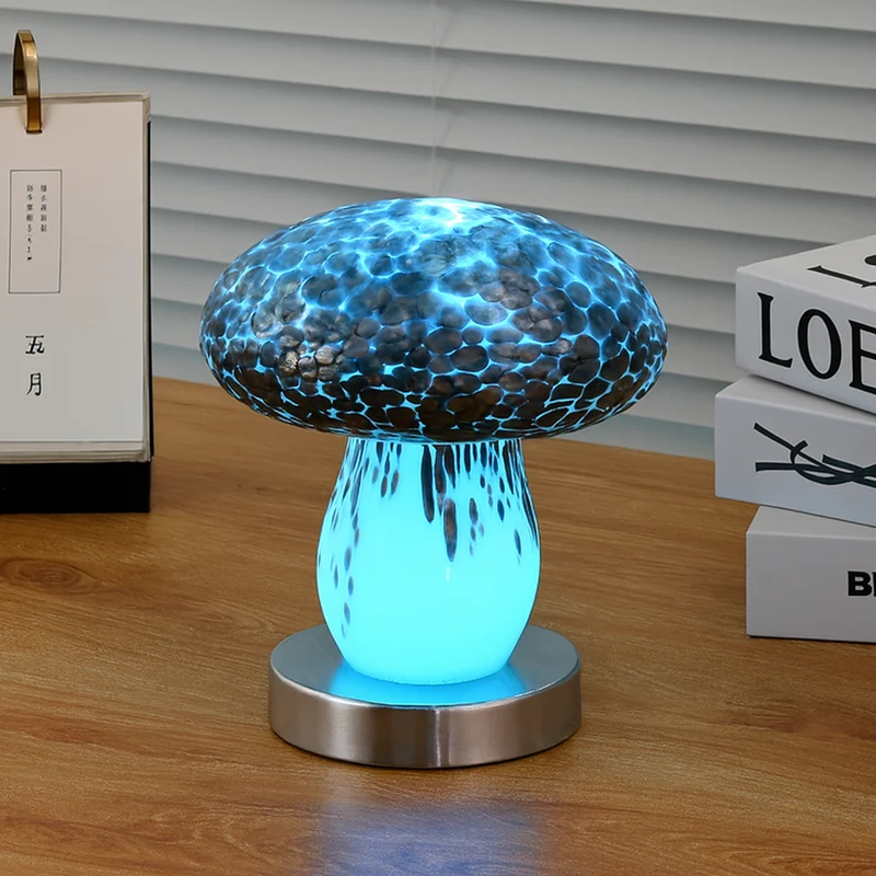 Modern Art Deco Rechargeable Glass & Wood Mushroom LED Table Lamp Night Light For Bedroom