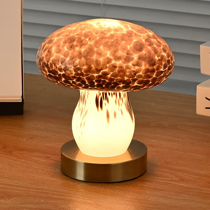 Modern Art Deco Rechargeable Glass & Wood Mushroom LED Table Lamp Night Light For Bedroom