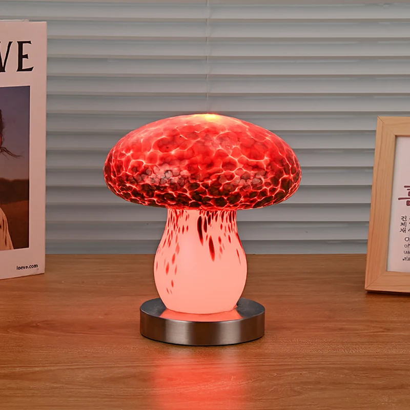 Modern Art Deco Rechargeable Glass & Wood Mushroom LED Table Lamp Night Light For Bedroom