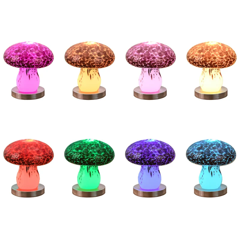 Modern Art Deco Rechargeable Glass & Wood Mushroom LED Table Lamp Night Light For Bedroom