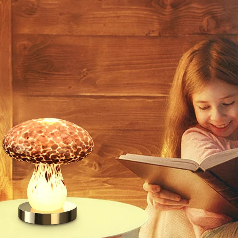 Modern Art Deco Rechargeable Glass & Wood Mushroom LED Table Lamp Night Light For Bedroom
