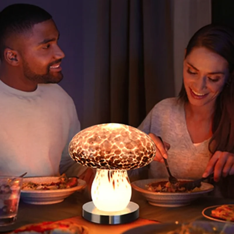 Modern Art Deco Rechargeable Glass & Wood Mushroom LED Table Lamp Night Light For Bedroom