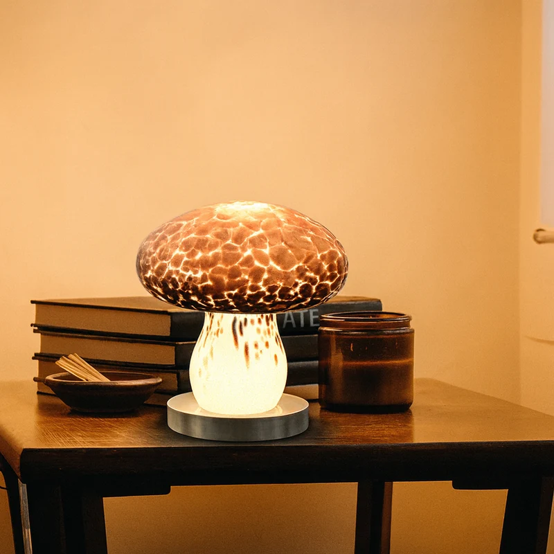 Modern Art Deco Rechargeable Glass & Wood Mushroom LED Table Lamp Night Light For Bedroom