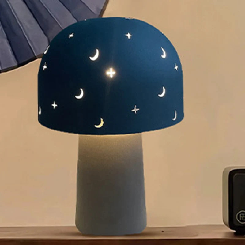 Contemporary Nordic Battery Metal & Glass Hollow Starry Mushroom Dome LED Table Lamp For Bedroom