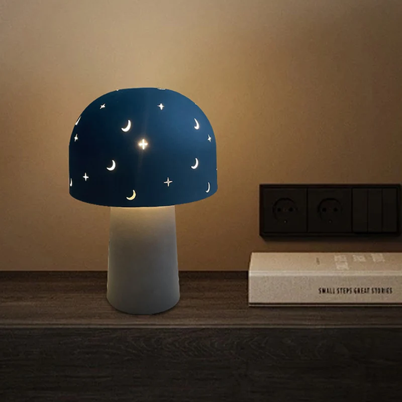 Contemporary Nordic Battery Metal & Glass Hollow Starry Mushroom Dome LED Table Lamp For Bedroom