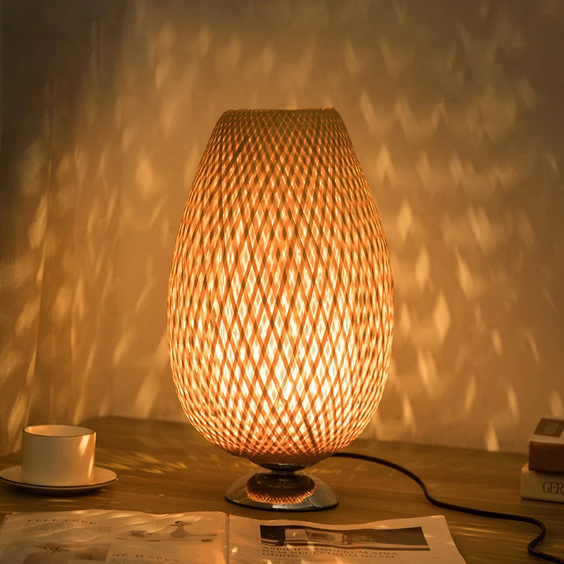 Traditional Japanese Weaving Bamboo Wood & Metal Oval 1-Light Table Lamp For Bedroom & Dining Room