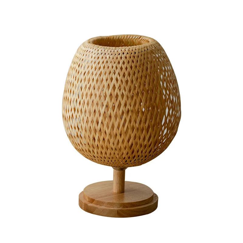 Traditional Japanese Weaving Bamboo Wood & Metal Oval 1-Light Table Lamp For Bedroom & Dining Room