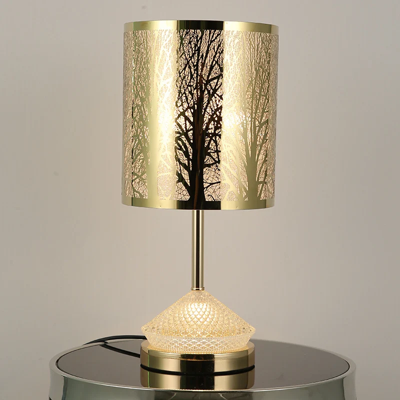 Modern Transitional Metal Stainless Steel & Acrylic Pillar With Forest Roman Pattern 1-Light LED Table Lamp For Bedroom & Study