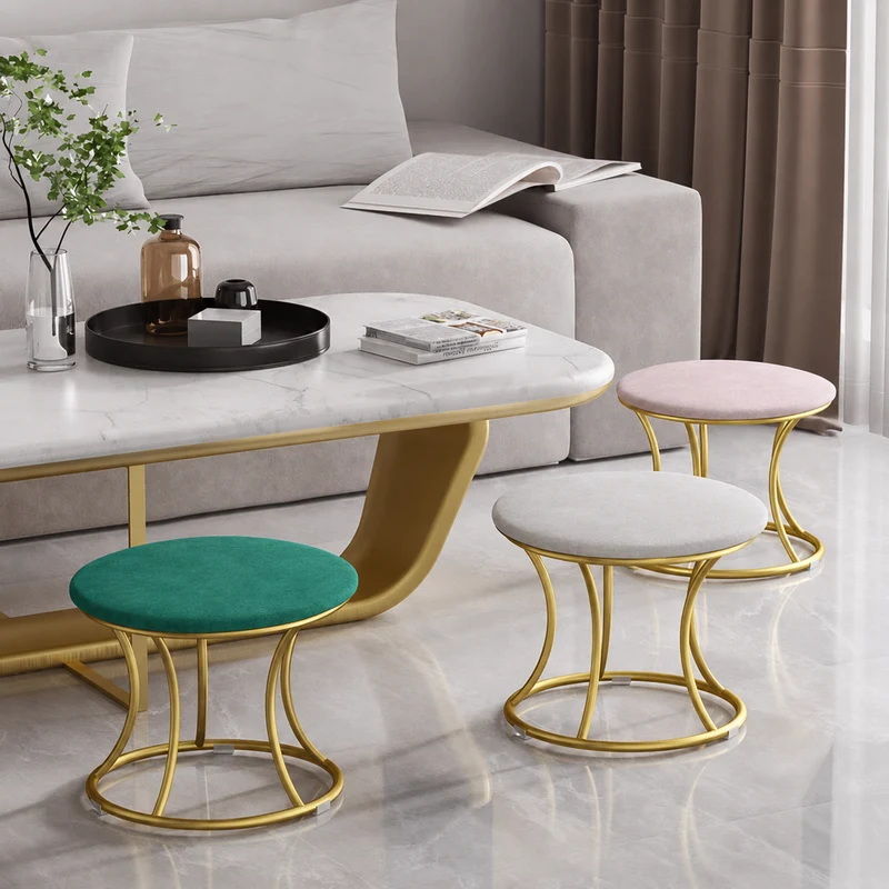 Contemporary Nordic Round Metal Velvet Low Stool Backless Armless For Living Room