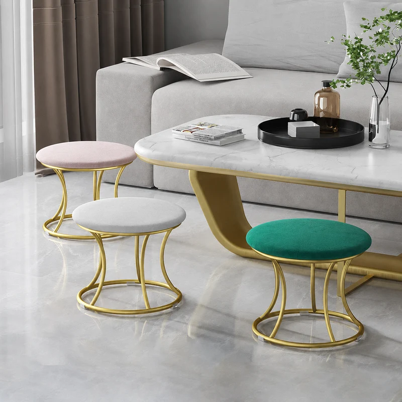 Contemporary Nordic Round Metal Velvet Low Stool Backless Armless For Living Room