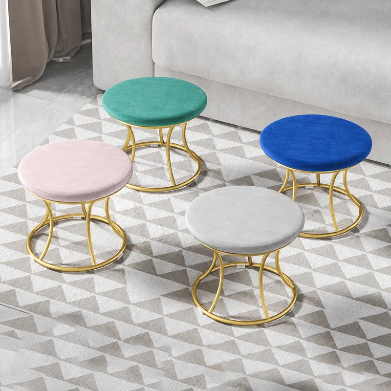 Contemporary Nordic Round Metal Velvet Low Stool Backless Armless For Living Room