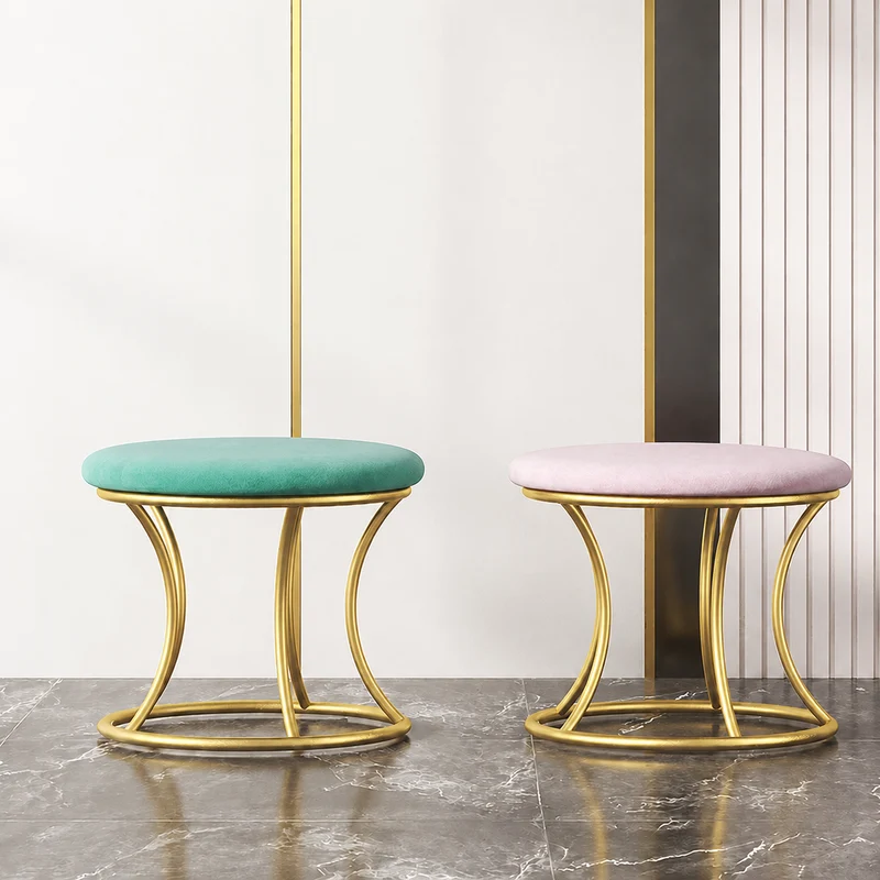 Contemporary Nordic Round Metal Velvet Low Stool Backless Armless For Living Room