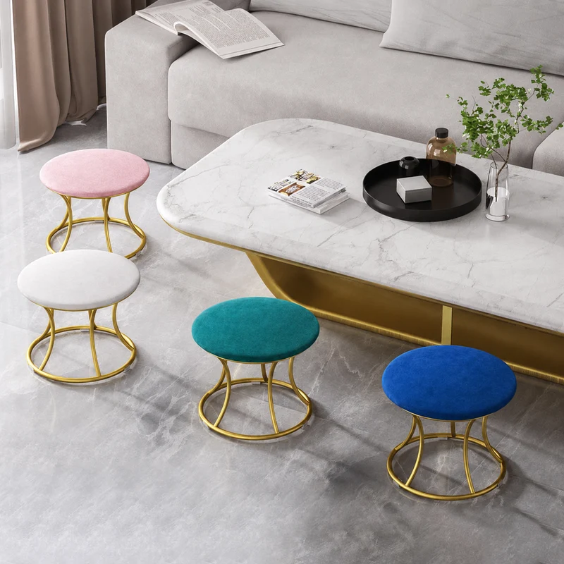 Contemporary Nordic Round Metal Velvet Low Stool Backless Armless For Living Room