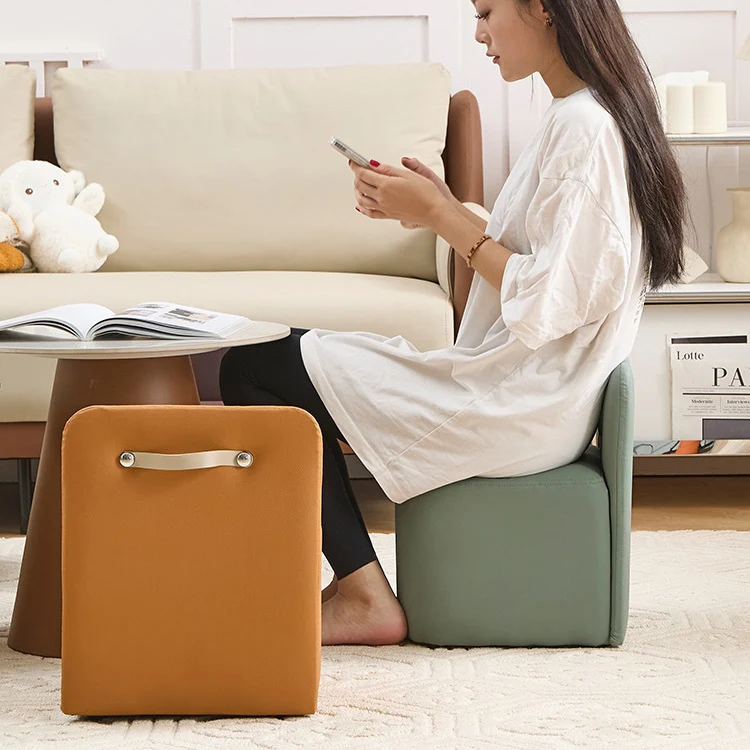 Contemporary Nordic Square Portable PU Leather Pine Sponge Low Stool Backrest Armless For Living Room