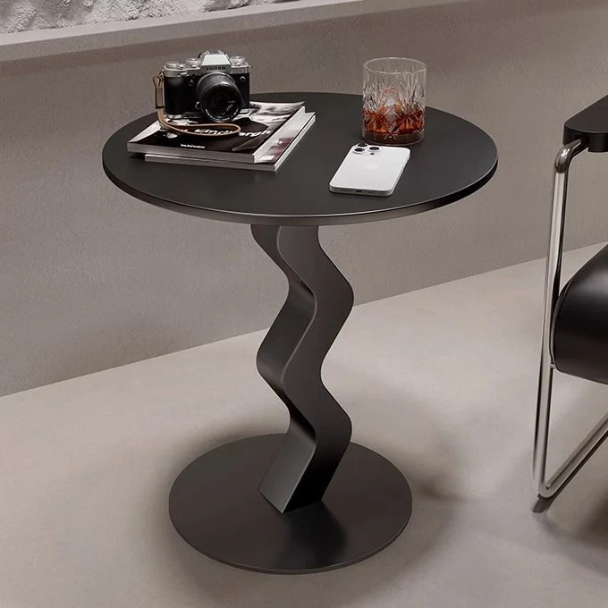 Modern Minimalist Iron Rock Slab Round Top Wave Base Side Table Durable For Living Room Bedroom