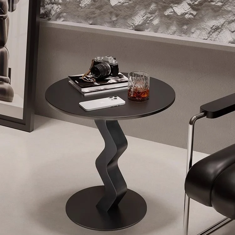 Modern Minimalist Iron Rock Slab Round Top Wave Base Side Table Durable For Living Room Bedroom