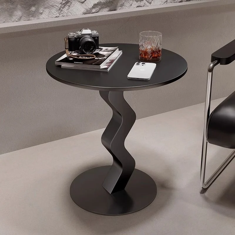 Modern Minimalist Iron Rock Slab Round Top Wave Base Side Table Durable For Living Room Bedroom