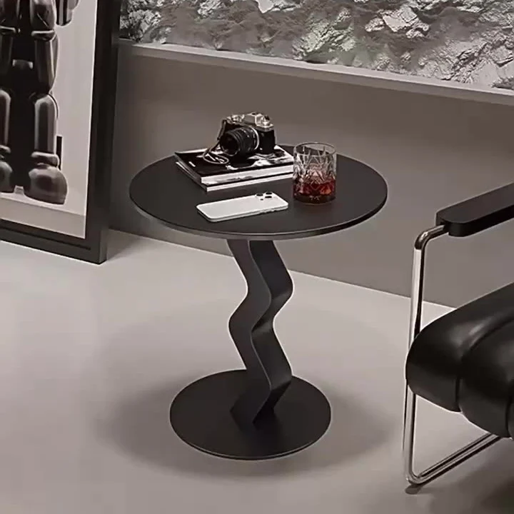 Modern Minimalist Iron Rock Slab Round Top Wave Base Side Table Durable For Living Room Bedroom