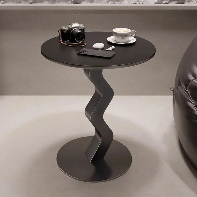 Modern Minimalist Iron Rock Slab Round Top Wave Base Side Table Durable For Living Room Bedroom