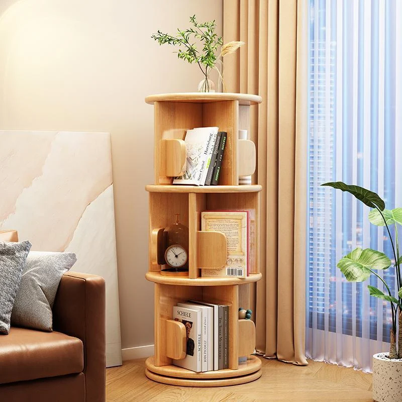 Modern Minimalist Solid Wood Round Cylinder Rotating Bookshelf 2/3/4/5 Tier For Home Office And Living Room