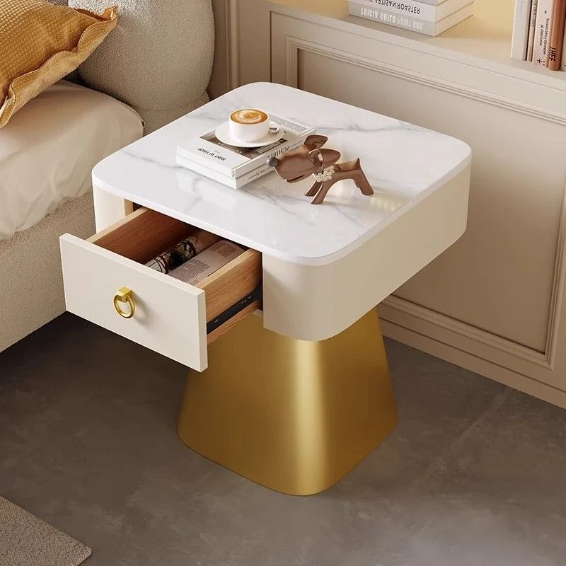 Traditional French Carbon Steel & Rock Slab Square Top Nightstand With Pyramid Base And 1-Drawer For Bedroom & Living Room
