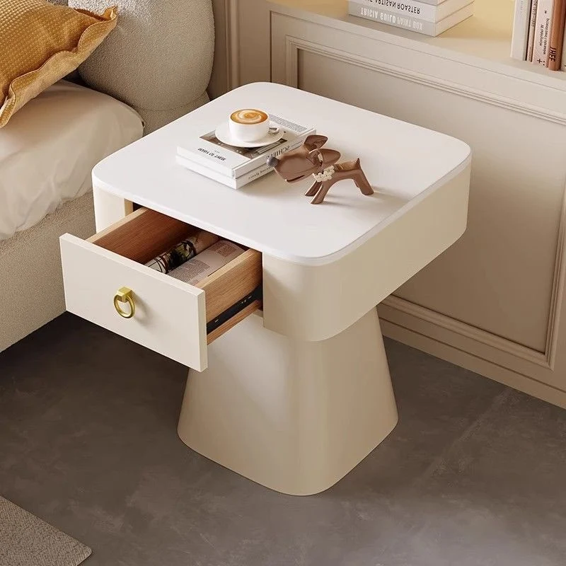 Traditional French Carbon Steel & Rock Slab Square Top Nightstand With Pyramid Base And 1-Drawer For Bedroom & Living Room