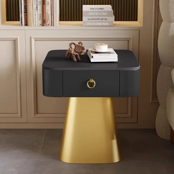 Traditional French Carbon Steel & Rock Slab Square Top Nightstand With Pyramid Base And 1-Drawer For Bedroom & Living Room