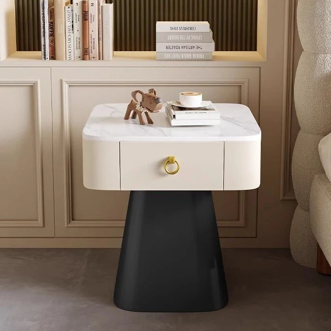 Traditional French Carbon Steel & Rock Slab Square Top Nightstand With Pyramid Base And 1-Drawer For Bedroom & Living Room