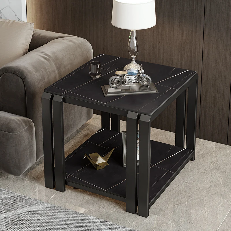 Contemporary Nordic Slab And Metal Square Side Table With 2 Tiers For Living Room