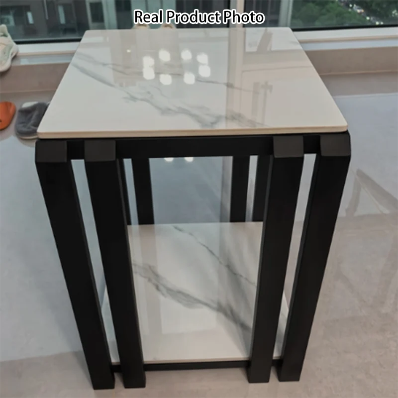 Contemporary Nordic Slab And Metal Square Side Table With 2 Tiers For Living Room