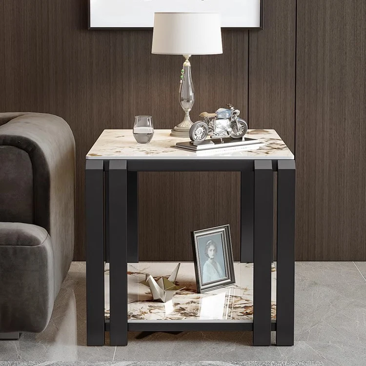 Contemporary Nordic Slab And Metal Square Side Table With 2 Tiers For Living Room