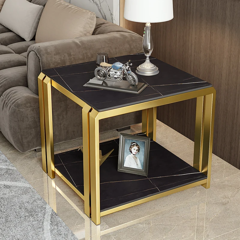 Contemporary Nordic Slab And Metal Square Side Table With 2 Tiers For Living Room
