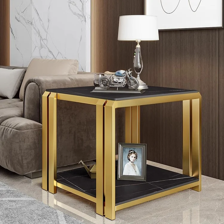 Contemporary Nordic Slab And Metal Square Side Table With 2 Tiers For Living Room