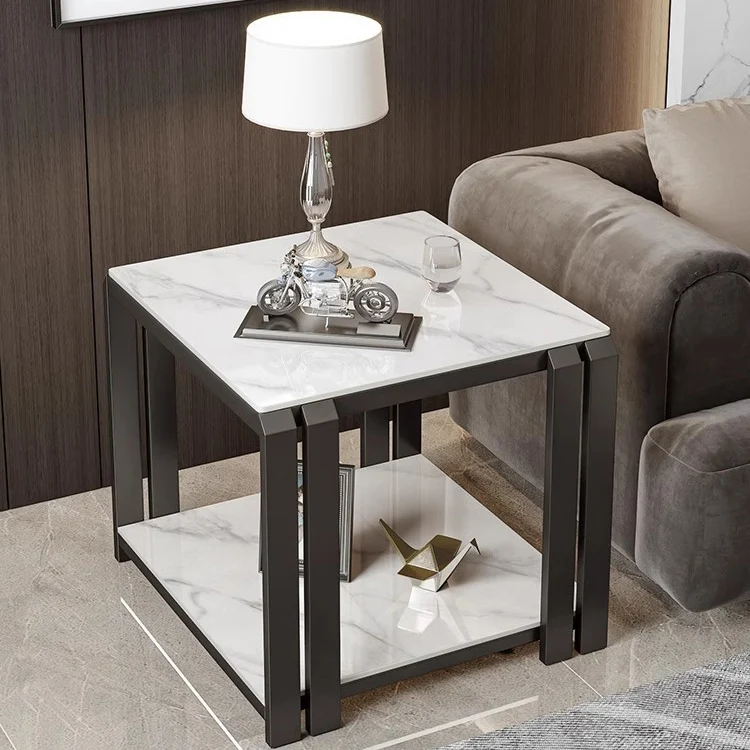 Contemporary Nordic Slab And Metal Square Side Table With 2 Tiers For Living Room