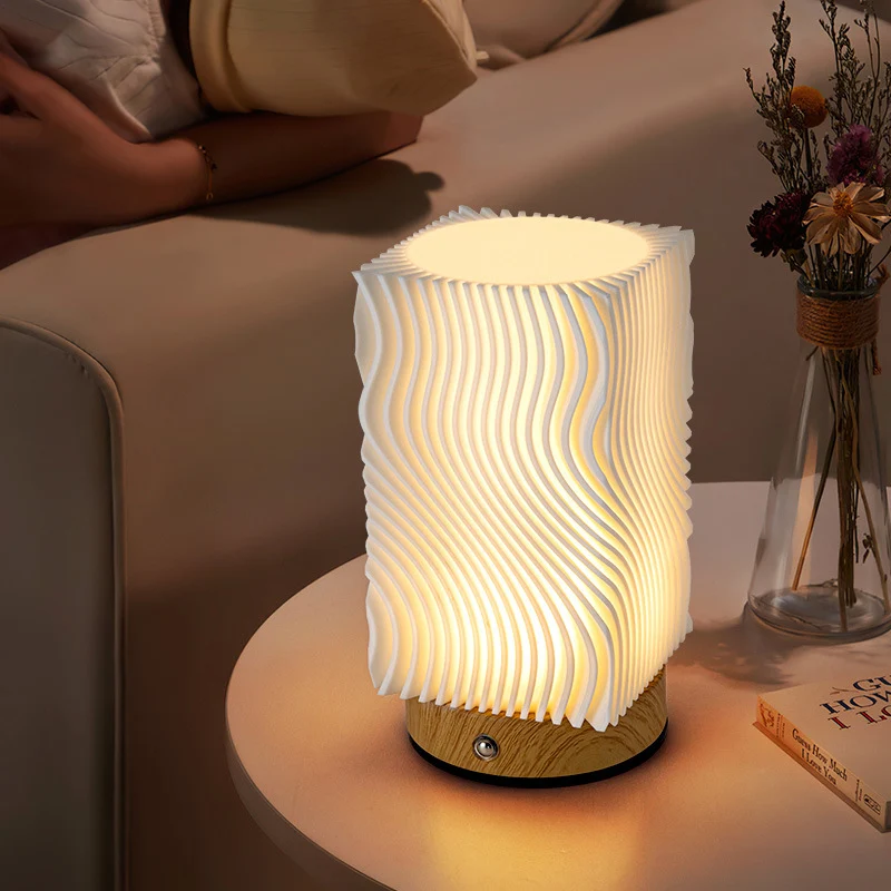 Contemporary Nordic Rechargeable Acrylic Wood Cylinder With Ripple Texture LED Table Lamp Night Light For Bedside
