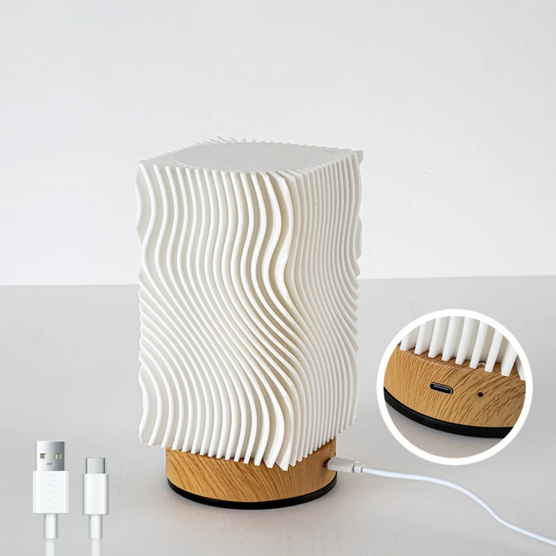 Contemporary Nordic Rechargeable Acrylic Wood Cylinder With Ripple Texture LED Table Lamp Night Light For Bedside