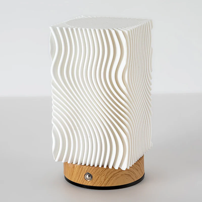 Contemporary Nordic Rechargeable Acrylic Wood Cylinder With Ripple Texture LED Table Lamp Night Light For Bedside